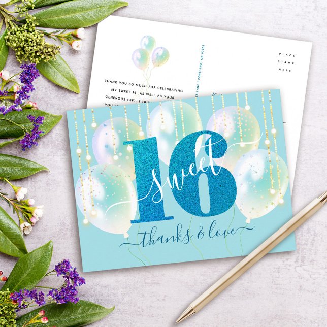 Blue Glitter Sweet 16 Birthday Balloon Tack Vykort (Skapare uppladdad)