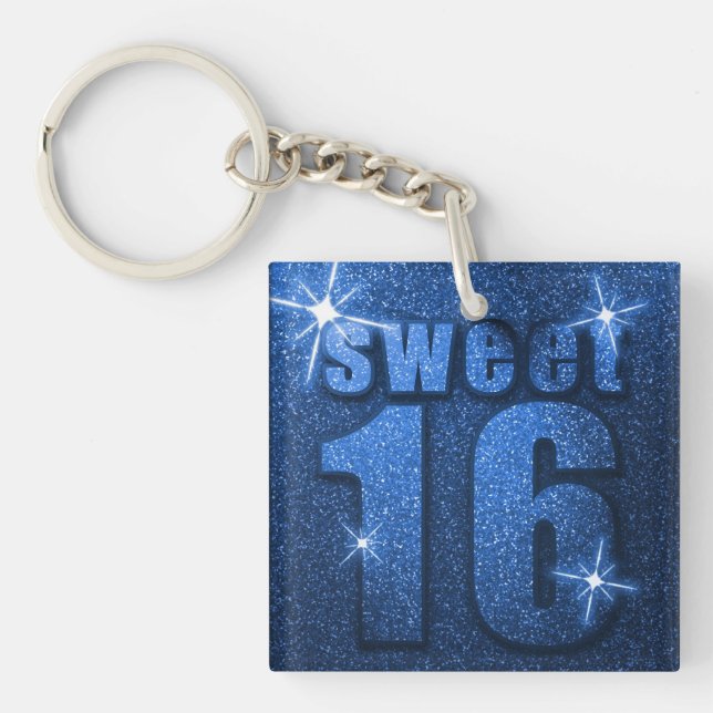 Blue Glitter Sweet 16 Birthday Keychain (Framsidan)