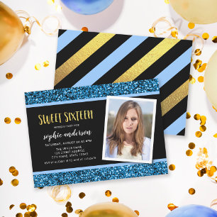 Blue Glitter Sweet 16 Foto Birthday-inbjudan Inbjudningar