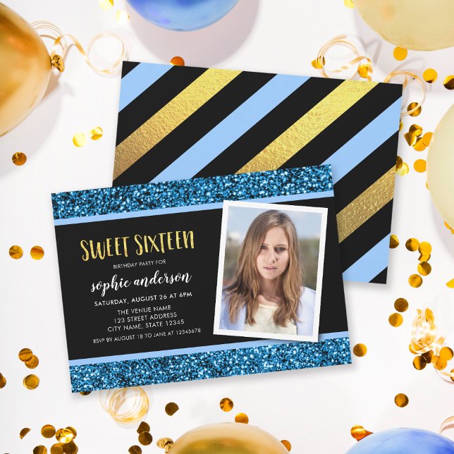 Blue Glitter Sweet 16 Foto Birthday-inbjudan Inbjudningar (Skapare uppladdad)