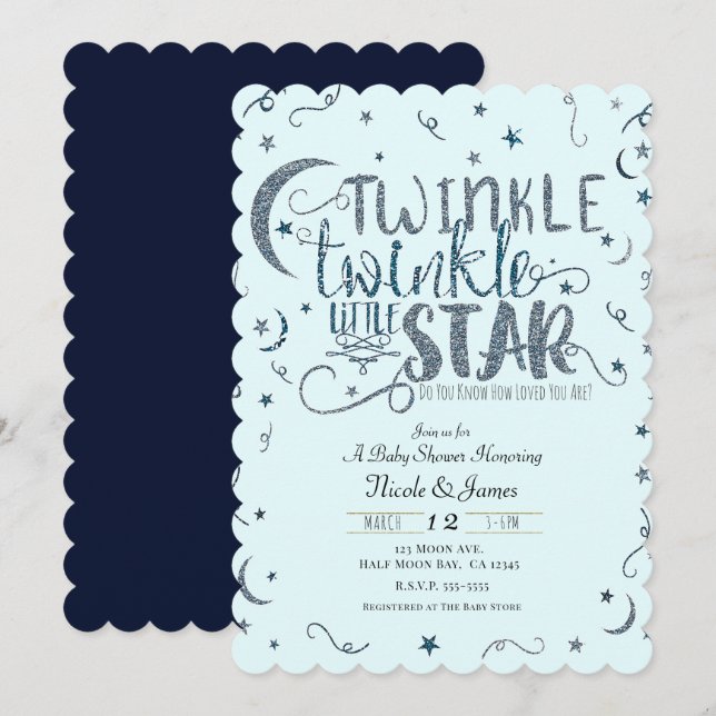 Blue Glitter Twinkle Little Star Baby Shower Inbjudningar (Fram/baksida)