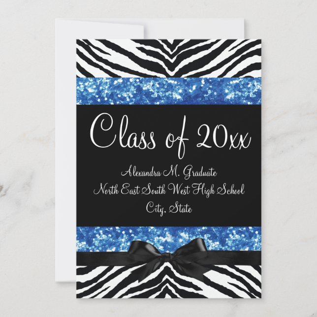 Blue Glitter Zebra Bow Studenten Inbjudan (Framsida)