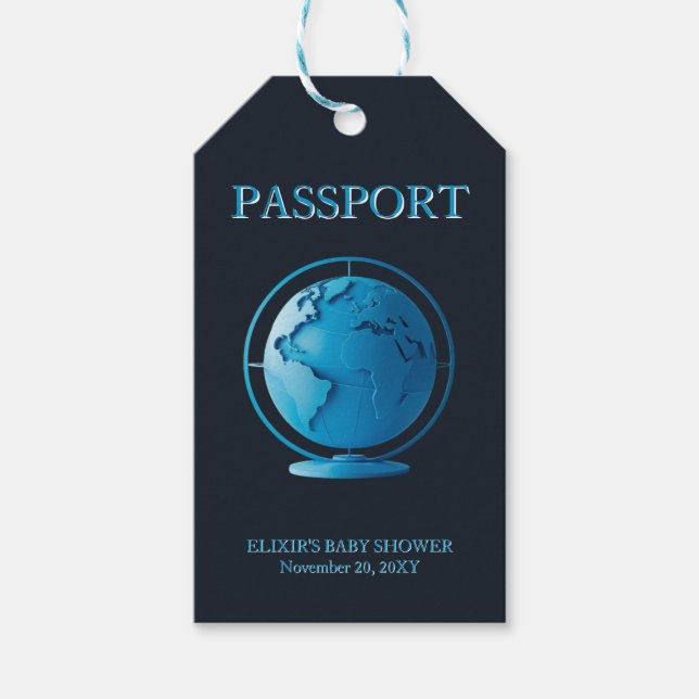 Blue Globe Passport Travel Baby Shower Presentetikett (Framsidan)