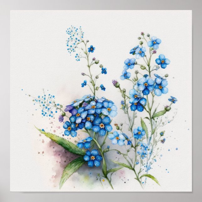 Blue Glöm mig Nots Flower Art Print Poster (Framsidan)
