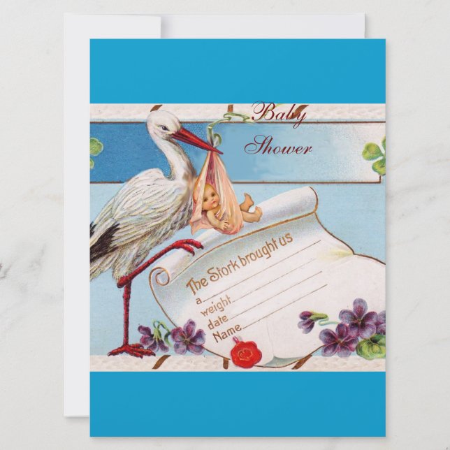 BLUE GLÖMMA MIG NOGGRANT,STORK BABY SHOWER MONOGRA INBJUDNINGAR (Framsida)