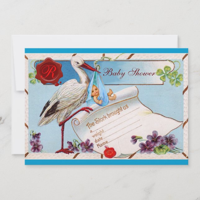 BLUE GLÖMMA MIG NOGGRANT,STORK BABY SHOWER MONOGRA INBJUDNINGAR (Framsida)