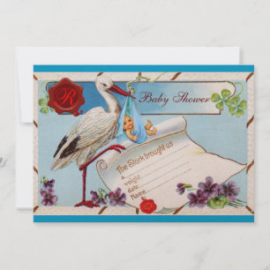 BLUE GLÖMMA MIG NOGGRANT,STORK BABY SHOWER MONOGRA INBJUDNINGAR