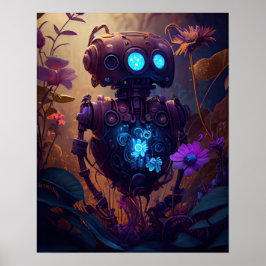 Blue Glow Robot & Lila blommor Poster
