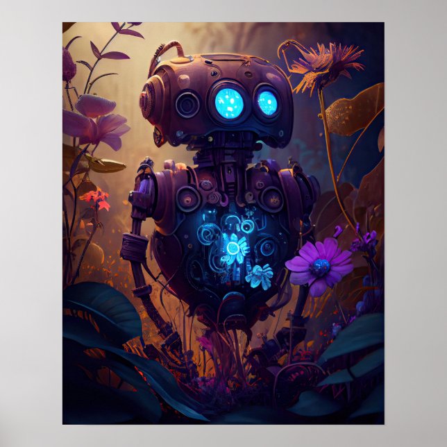 Blue Glow Robot & Lila blommor Poster (Framsidan)
