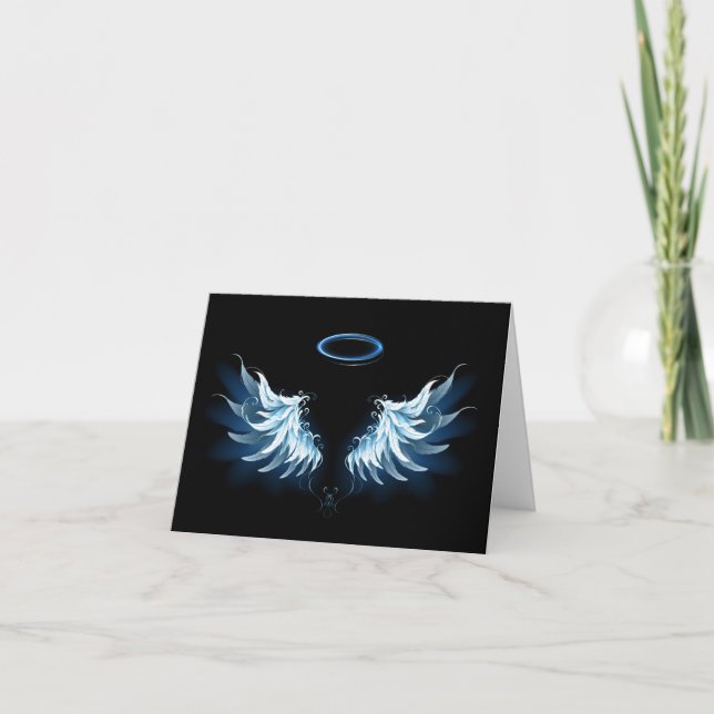Blue Glowing Angel Wings on black background Kort (Framsida)