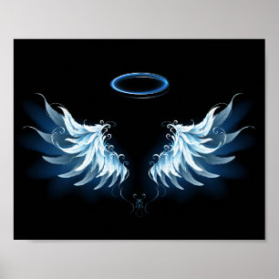Blue Glowing Angel Wings on black background Poster