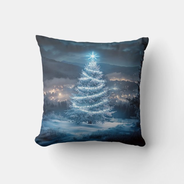Blue Glowing Winter Night Christmas Tree Kudde (Framsida)