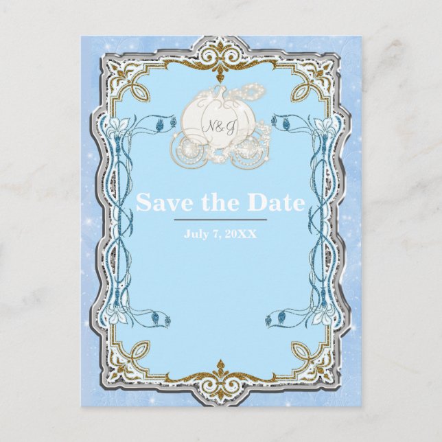Blue Gnistra Carriage Cinderella Save Date Meddelande Vykort (Framsida)