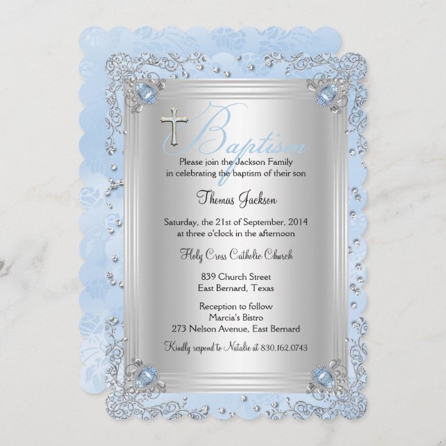 Blue Gnistra Jewel Baptism Christening 2 Inbjudningar (Fram/baksida)