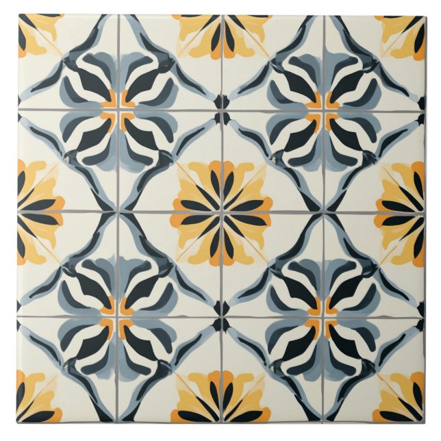 Blue, Gold and Off White Ceramic Tile Kakelplatta (Framsidan)