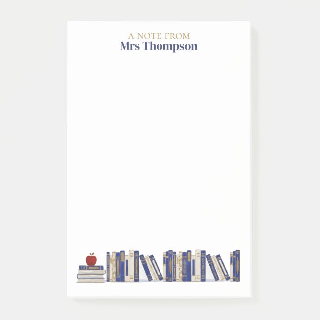 Blue Gold Apple Bookshelf Personalized Teacher Post-it Block (Framsida)