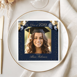 Blue Gold Balloon Glitter Graduation Party Photo Pappersservett