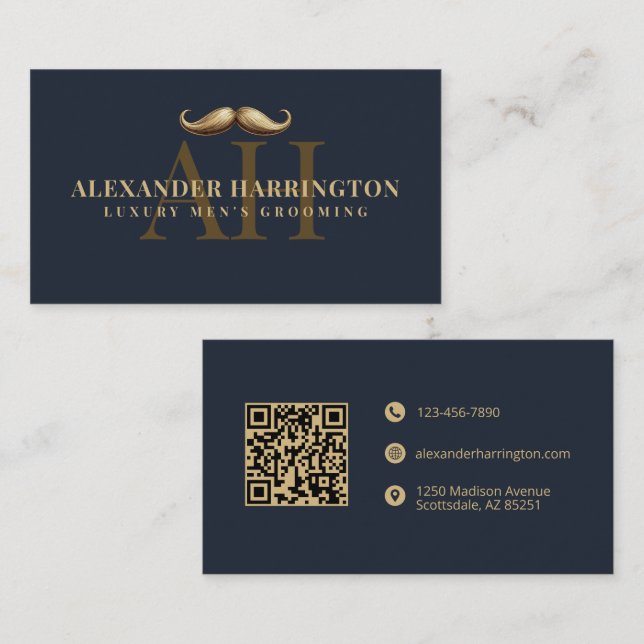 Blue Gold Barber Shop Mustasch Herrgrooming Visitkort (Fram/baksida)