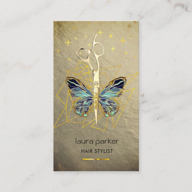 Blue Gold Butterfly Sax hårstylist salong Visitkort (Framsida)