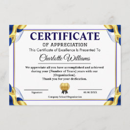 Blue Gold Certificate of Appreciation Template Tilläggskort