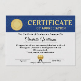 Blue Gold Certificate of Appreciation Template Tilläggskort