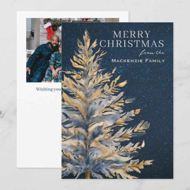 Blue Gold Christmas Tree Photo Personalized Julkort (Fram/baksida)