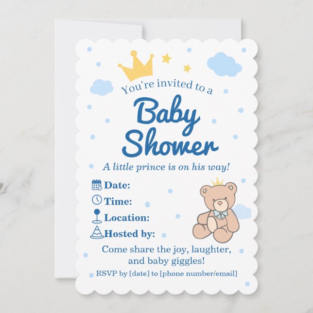 Blue & Gold Crown Baby Shower Invitation for Boy Inbjudningar (Framsida)