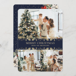 Blue Gold Elegant Botanical Photo Christmas Card Julkort