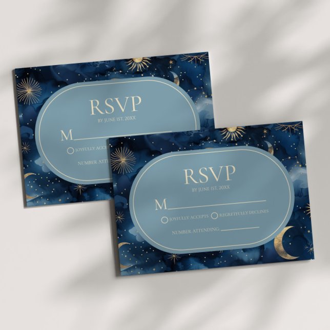 Blue Gold Elegant Celestial Starry Sky Wedding OSA Kort (Skapare uppladdad)