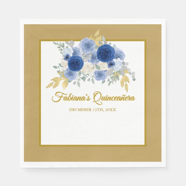 Blue & Gold Floral Quinceañera Napkins Pappersservett (Framsidan)