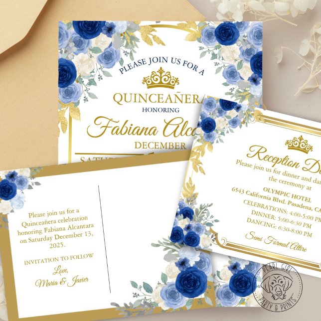 Blue & Gold Floral Save the Date Meddelande Vykort (Skapare uppladdad)