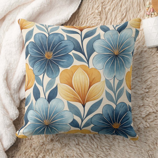 Blue & Gold Floral Throw Pillow Kudde (Filt)