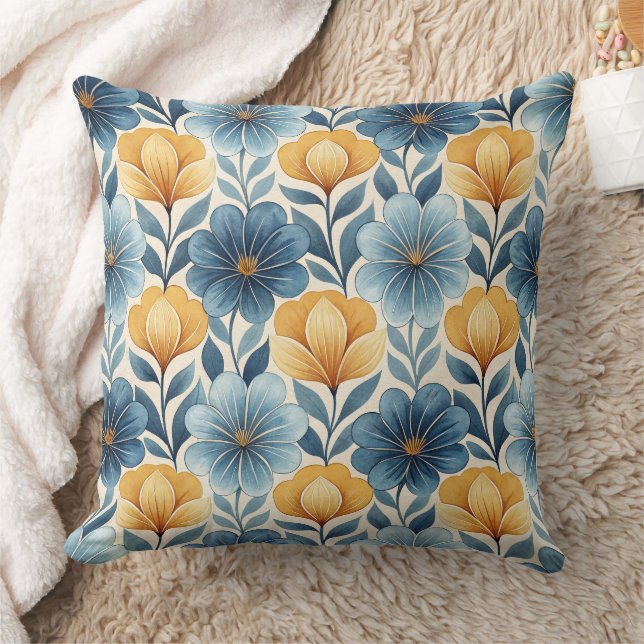 Blue & Gold Floral Throw Pillow Kudde (Filt)