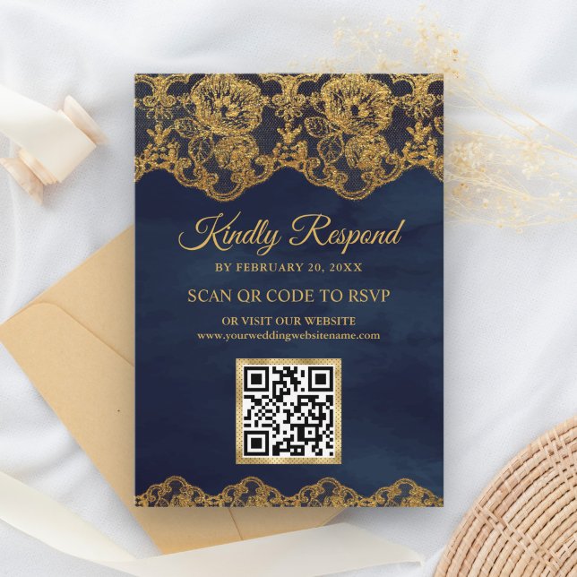 Blue Gold Foil Snöre QR Code OSA Bröllop webbplats Tilläggskort (Skapare uppladdad)