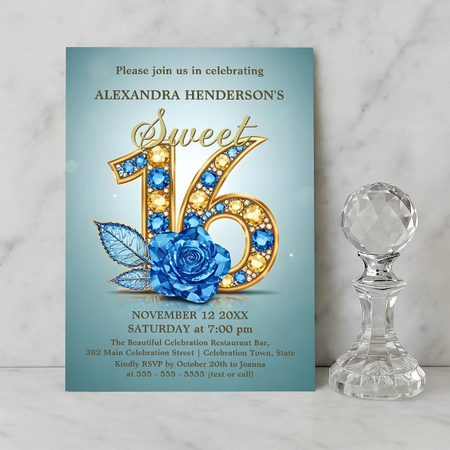  Blue Gold Gemstone Rose Jeweled Sweet Sixteen  Inbjudningar (Skapare uppladdad)