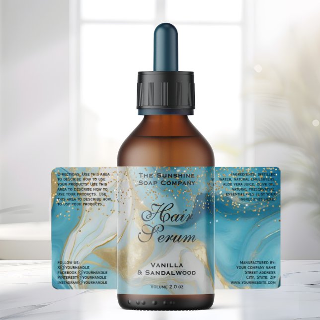 Blue Gold Glitter Cosmetics Dropper Bottle Label Fraktsedel (Skapare uppladdad)