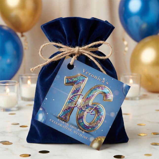 Blue Gold Glitter Sweet 16 Birthday Thank You Gåvor Etiketter (Skapare uppladdad)