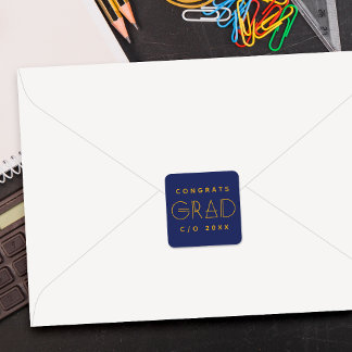 Blue Gold Grad Typography Graduation Sticker Fyrkantigt Klistermärke
