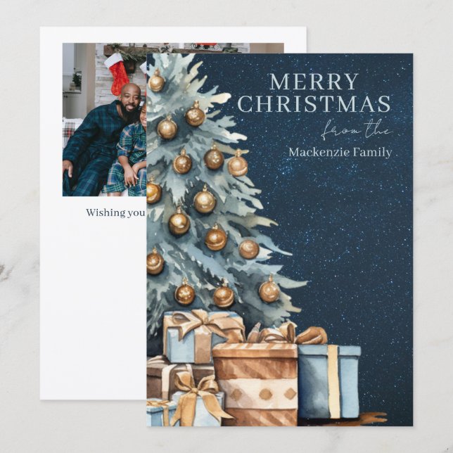 Blue Gold Green Christmas Tree Photo Personalized Julkort (Fram/baksida)
