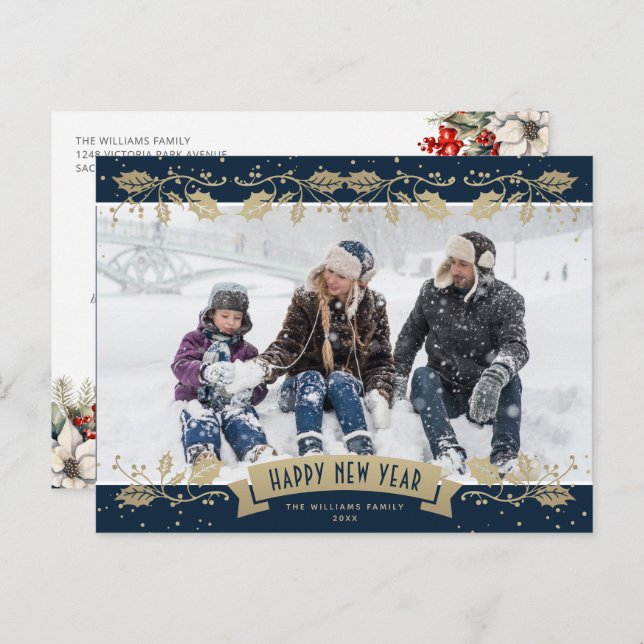 Blue Gold Holly Berries Photo Happy New Year Helg Vykort (Fram/baksida)