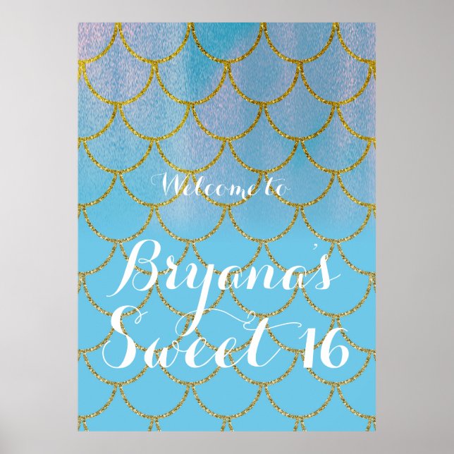 Blue & Gold Iridescent Shimmer Mermaid Party Poster (Framsidan)