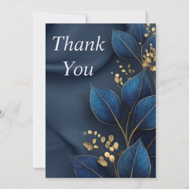 Blue & Gold Leaves on Navy Blue Thank You Card Inbjudningar (Framsida)