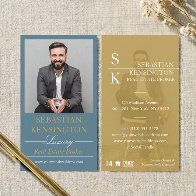 Blue Gold Lyx Fastighetsmäklare Professionell Visitkort (Blue Gold Luxury Real Estate Broker Professional Business Card)