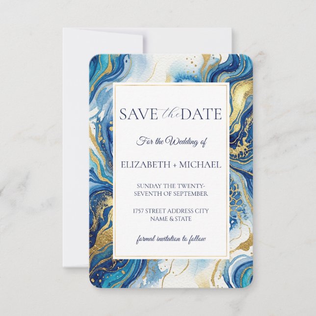 Blue Gold Marble  Elegant Wedding Save the Date Spara Datumet (Framsida)