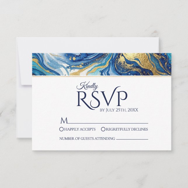 Blue Gold Marble RSVP Elegant Wedding Response OSA Kort (Framsida)