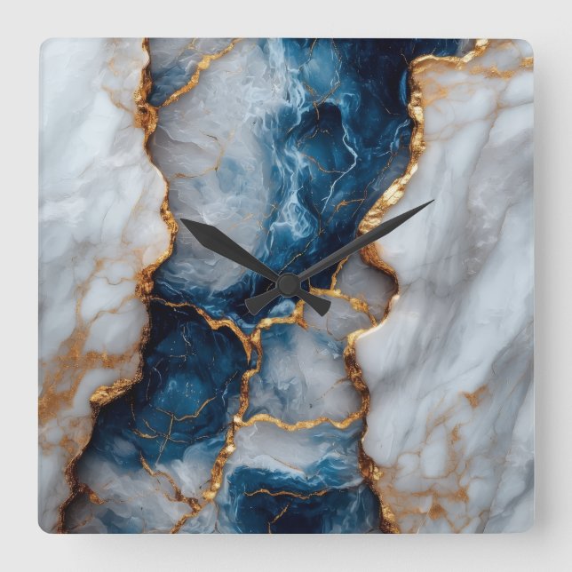 Blue & Gold Marble Square Wall Clock  Fyrkantig Klocka (Framsida)