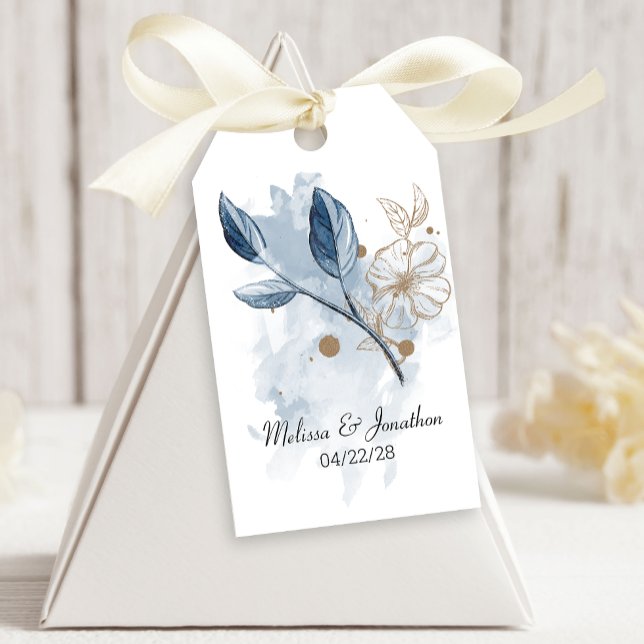 Blue Gold Modern Floral Elegant Wedding Presentetikett (Skapare uppladdad)