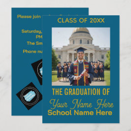 Blue Gold Modern Photo Class Graduation Invitation Julkort