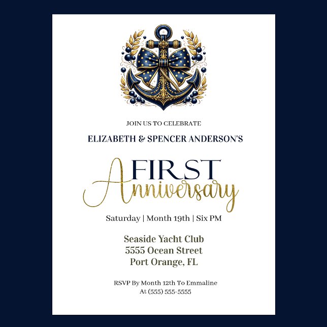 Blue Gold Nautical Anchor 1st Wedding Anniversary Inbjudningar (Navy blue and gold nautical anchor 1st wedding anniversary invitation with elegant coastal theme
)