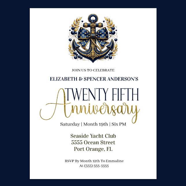 Blue Gold Nautical Anchor 25th Wedding Anniversary Inbjudningar (Navy blue and gold nautical anchor 25th wedding anniversary invitation with elegant coastal theme
)